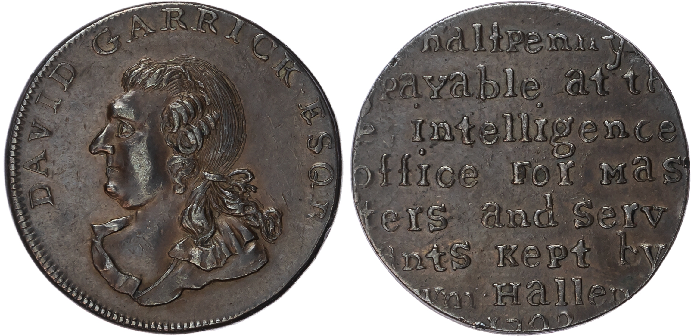 Warks . County . General circulation Halfpenny 1791, Bust left of Shakespeare, rev . Commerce seated left, edg…