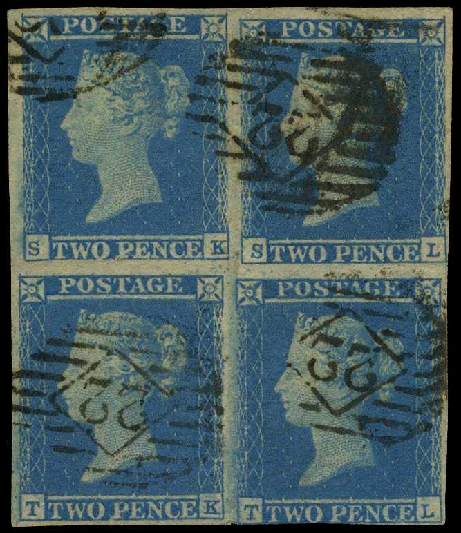 1841 2d blue in block of four, Plate 4...