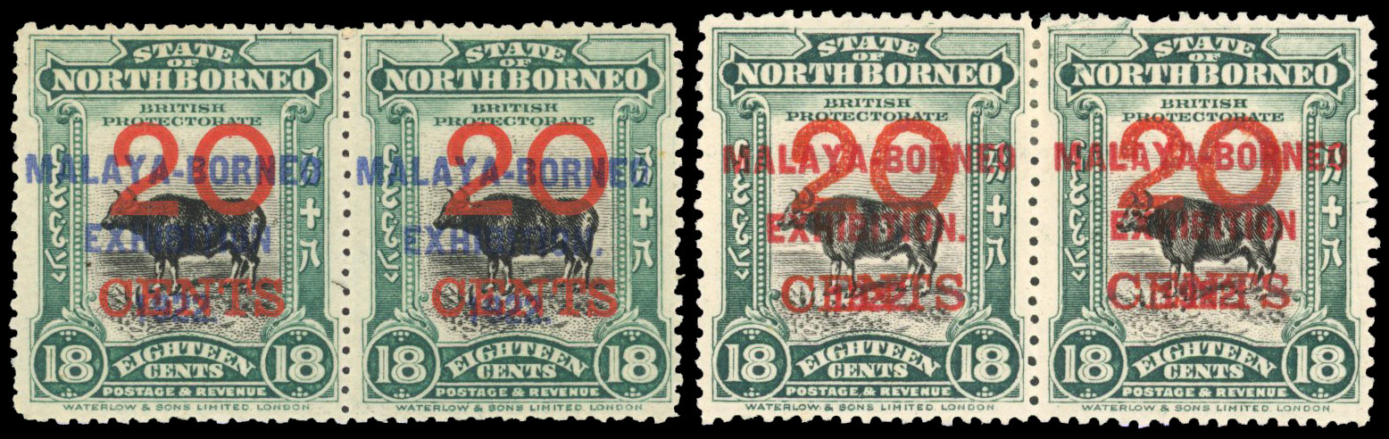North Borneo 1922 MBE 20c on 18c x2 variety Stop after Exhibition