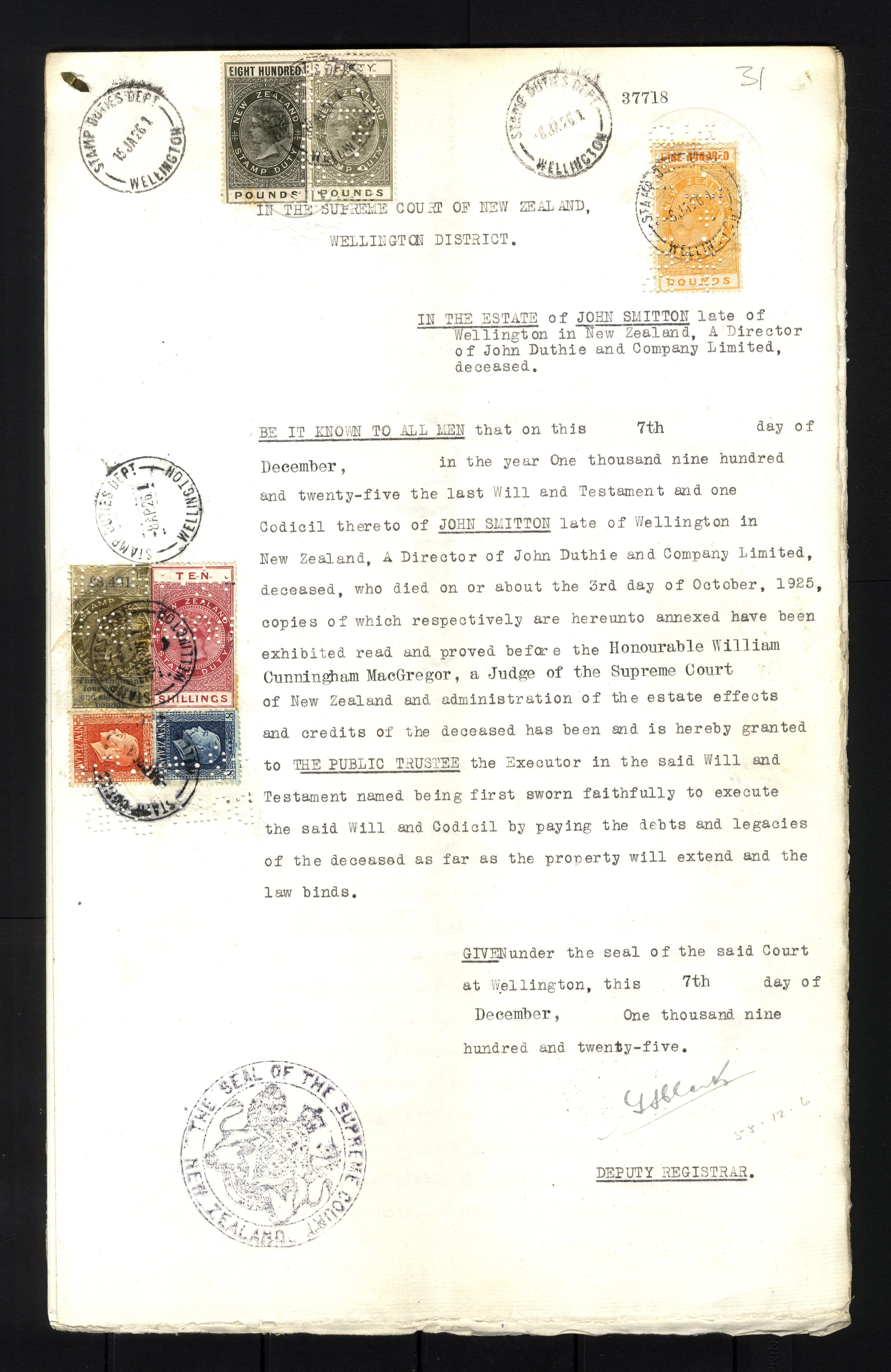 NZ Revenue 1925 estate document with £3481, £800 and £900 values