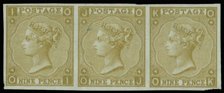 GB SG 98 1865 9d straw Plate Proof strip