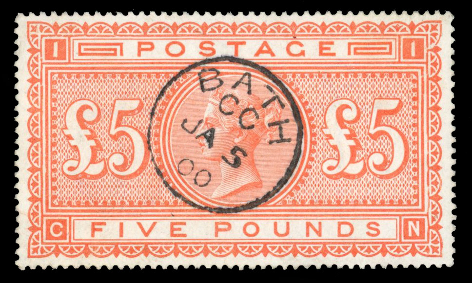 GB 1867-83 £5 orange (CN), white paper, used cancelled by crisp Bath cds for JA 5 00