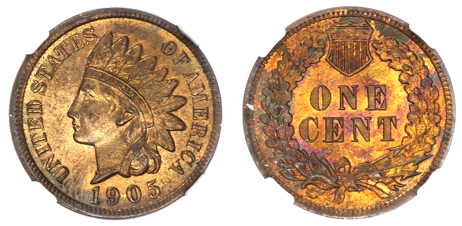 USA , Indian Head bronze Cent, 1905, Philadelphia (KM 90a) . In NGC holder graded MS 63 RB (8222221-009).…