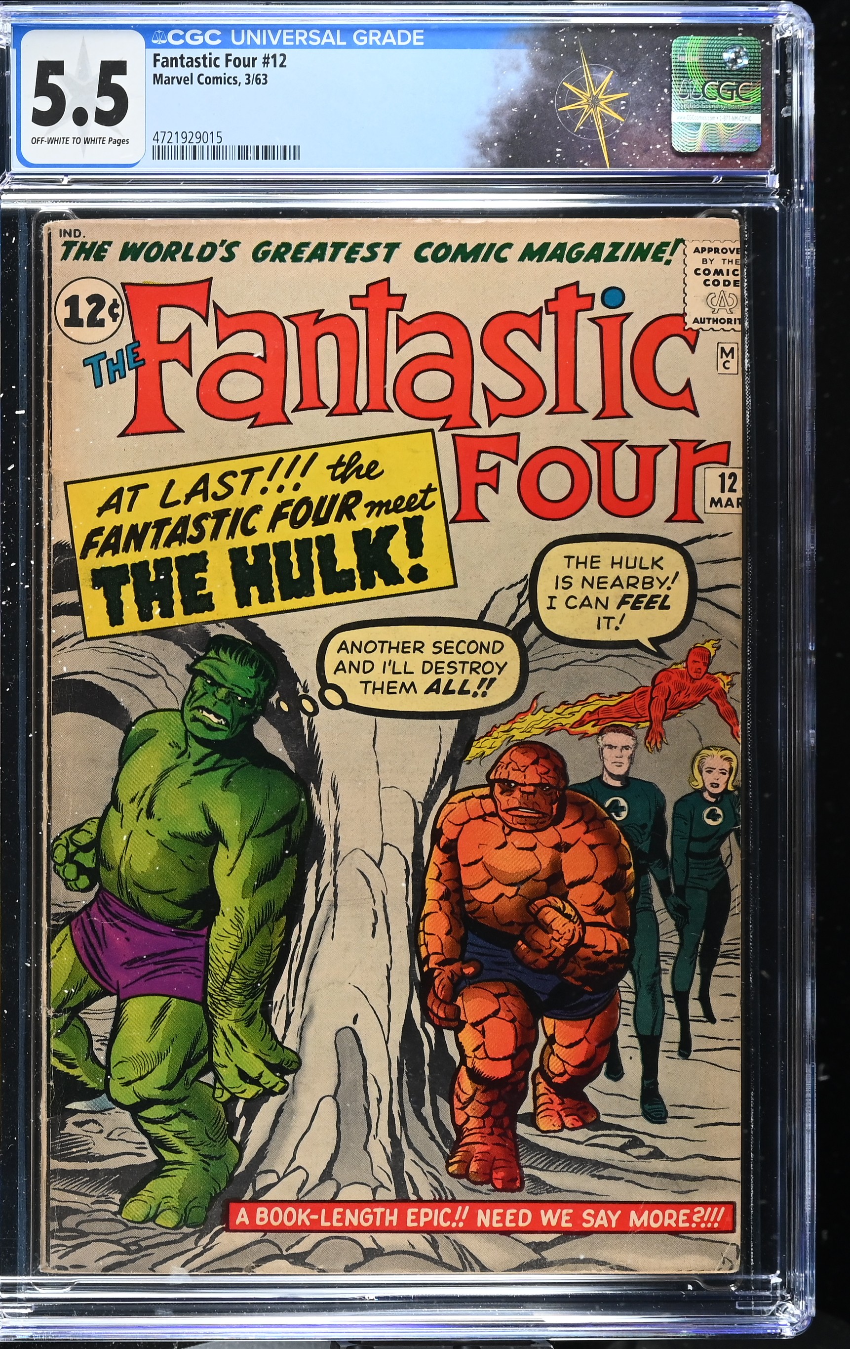 Fantastic Four #12 CGC 5.5 1st Meeting of Fantastic Four & The Incredible Hulk (Marvel Comics, 1963) Off-White to White Pages