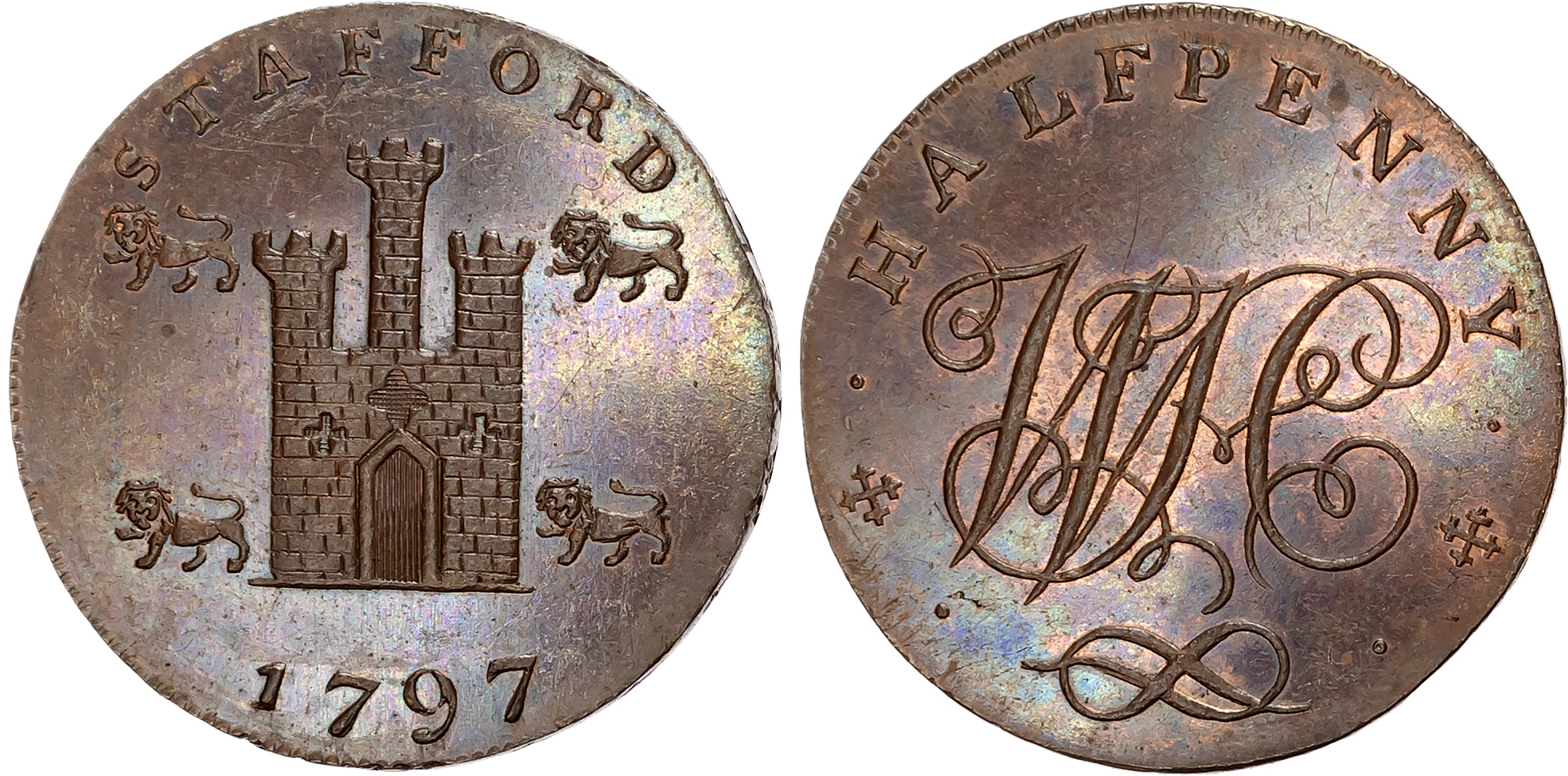 Staffs.  Stafford , William Horton (shoe manufacturer) Halfpenny 1797, arms of Stafford, rev. WH cypher, edge PAYABLE BY …