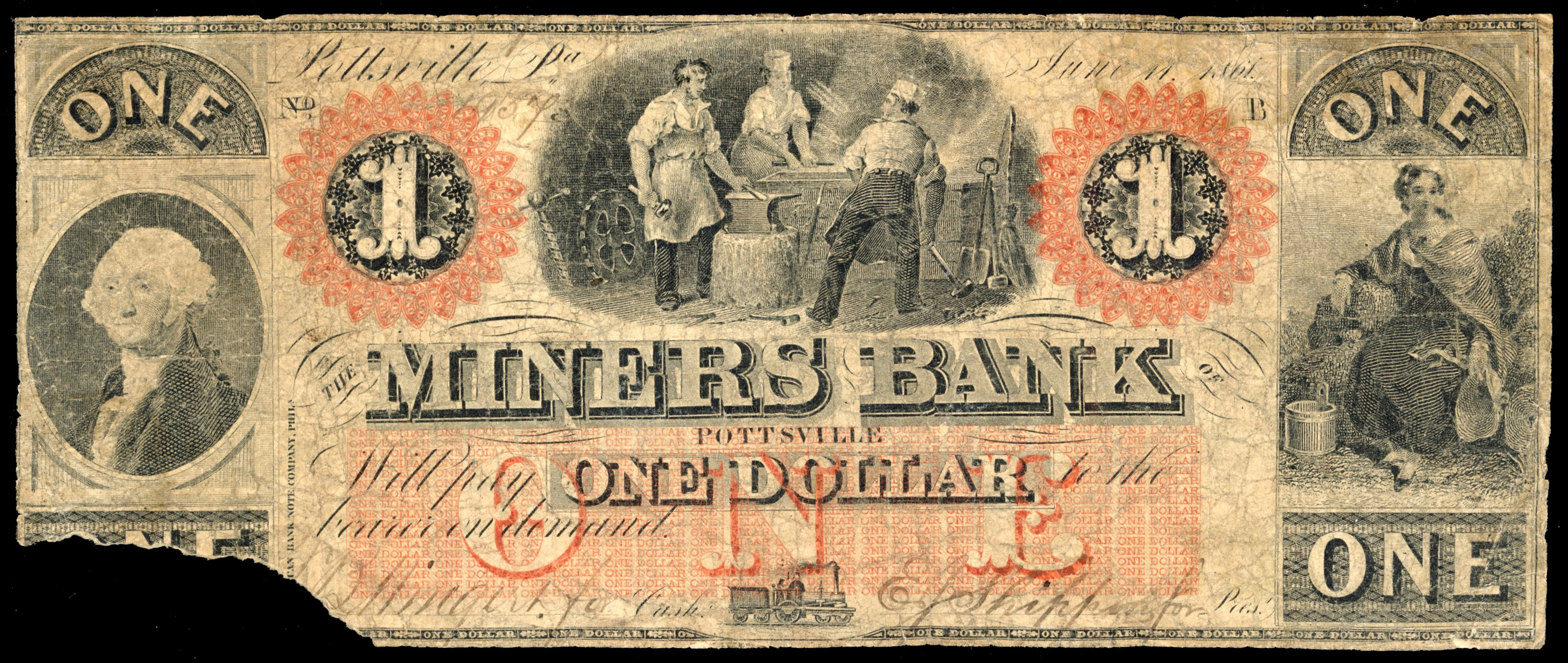 USA, PA. Pottsville, Miners Bank, Uniface One Dollar, 11 Jun 1861. Poor, with bottom left-hand corner torn off…