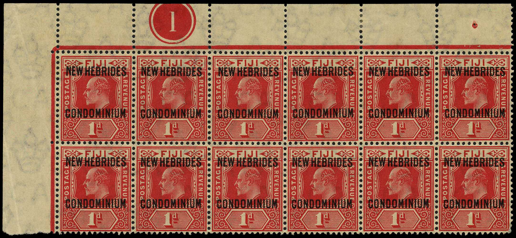 1910 1d red overprinted Type 2 top two rows...