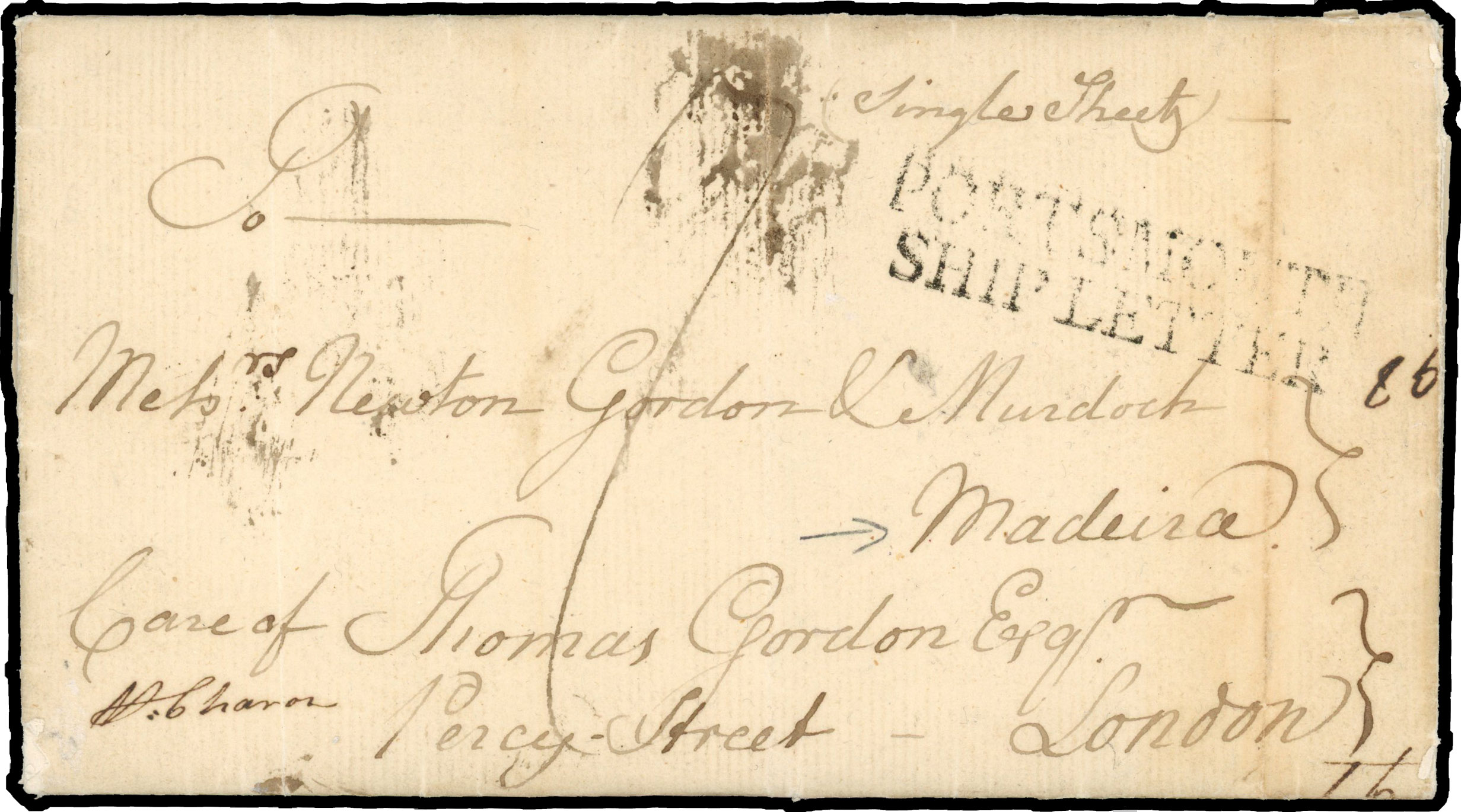 1797 pre-stamp entire addressed to London, rated ‘1/-’ with ‘PORTSMOUTH/SHIP LETTER’ handstamp on front,
