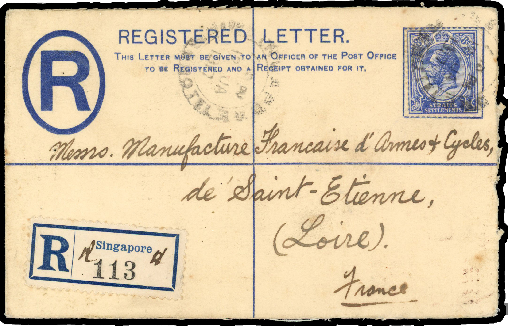 Straits Settlements 1917 registered cover from Raffles Hotel with provisional label