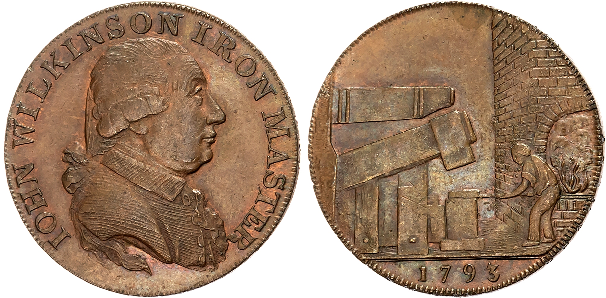 Warks . West Midlands , John Wilkinson Halfpenny 1793, bust of Wilkinson right, rev. man at a drop hammer, edge WILLEY S …