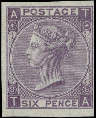 1869 6d Dull violet Pl.8. Very fine unused imperforate imprimatur lettered TA, huge margins on three sides, close but cl…