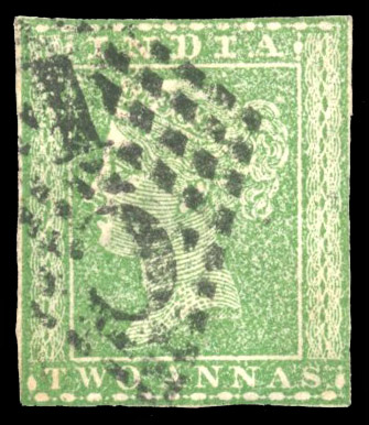 India 1854 2a green 'One Anna' type 10a watermark used