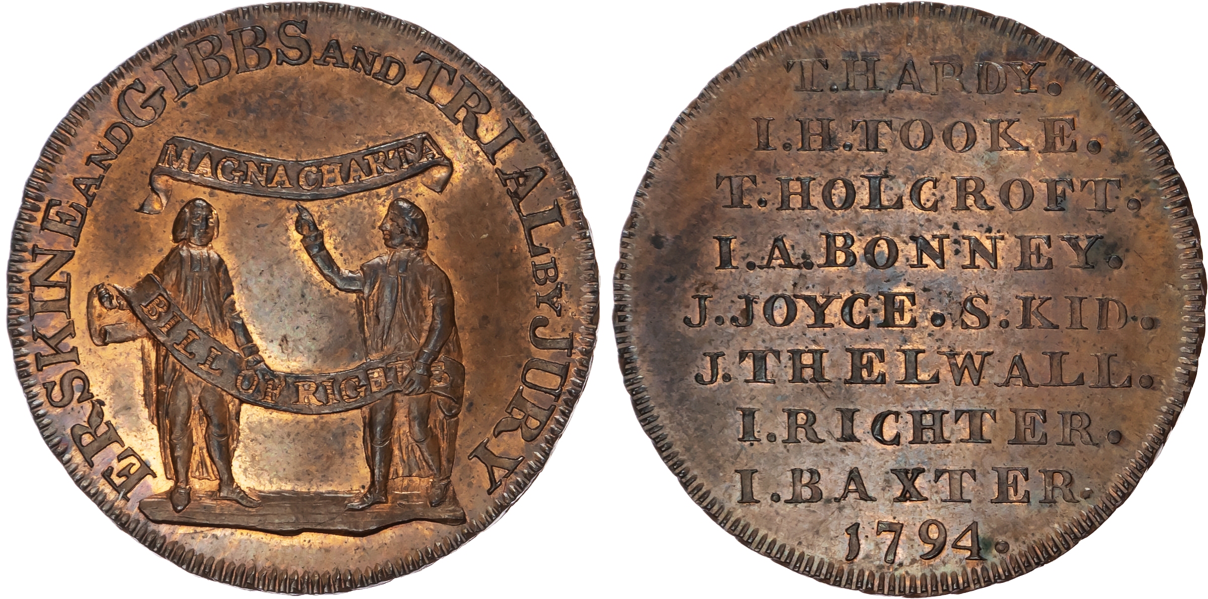 (†)London, Political Series , Kempson’s Erskine & Gibbs Halfpenny [late 1790s], Two lawyers holding banners - ‘Ma…