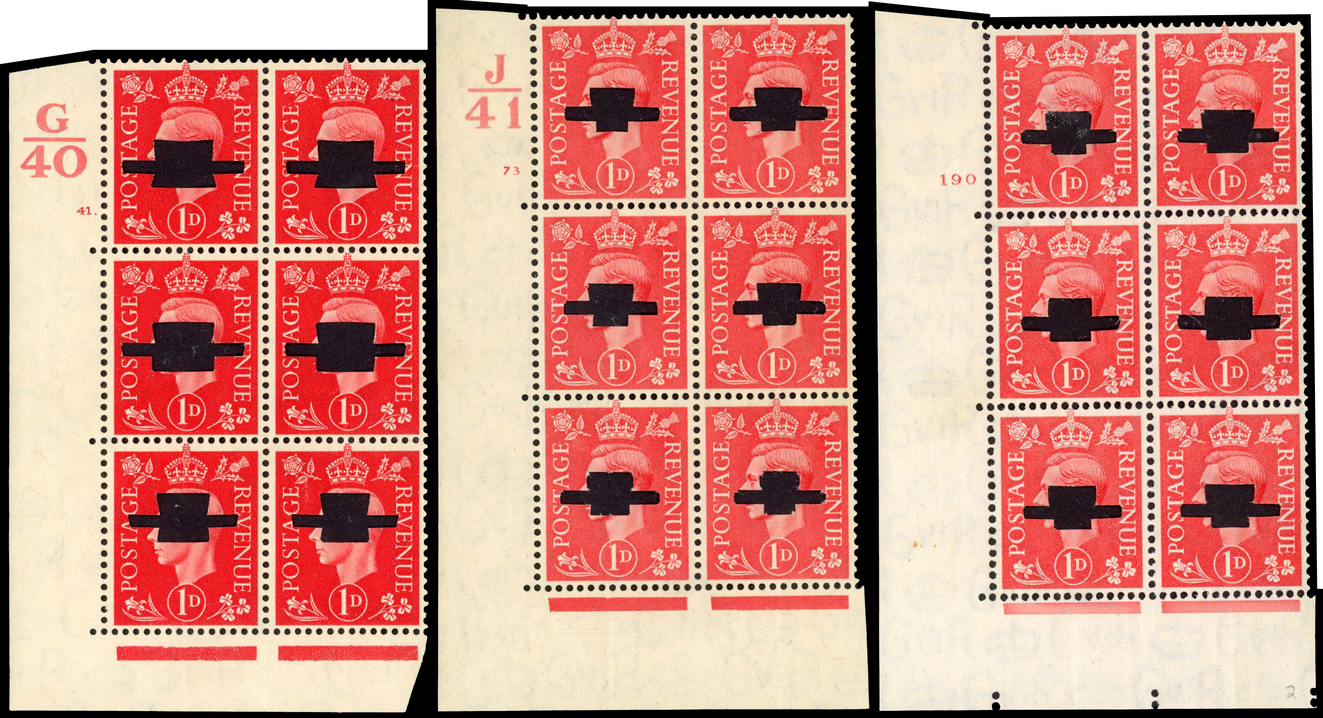 1937-41 1d (SG463) & 2x 1941 1d (SG486), punched cylinder blocks mint