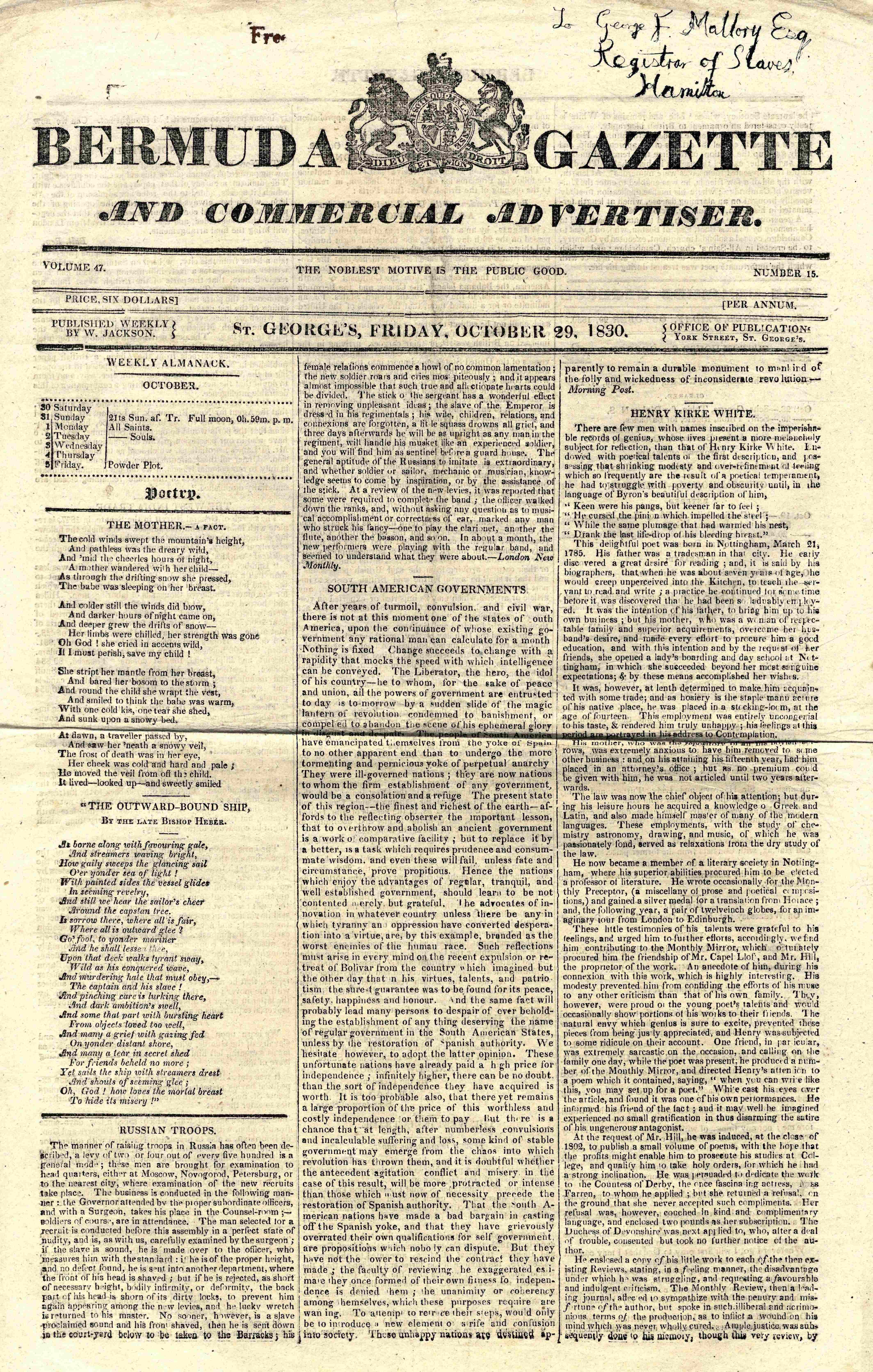 Bermuda 1830 Newspaper sent locally with brown-red 'Free; handstamp