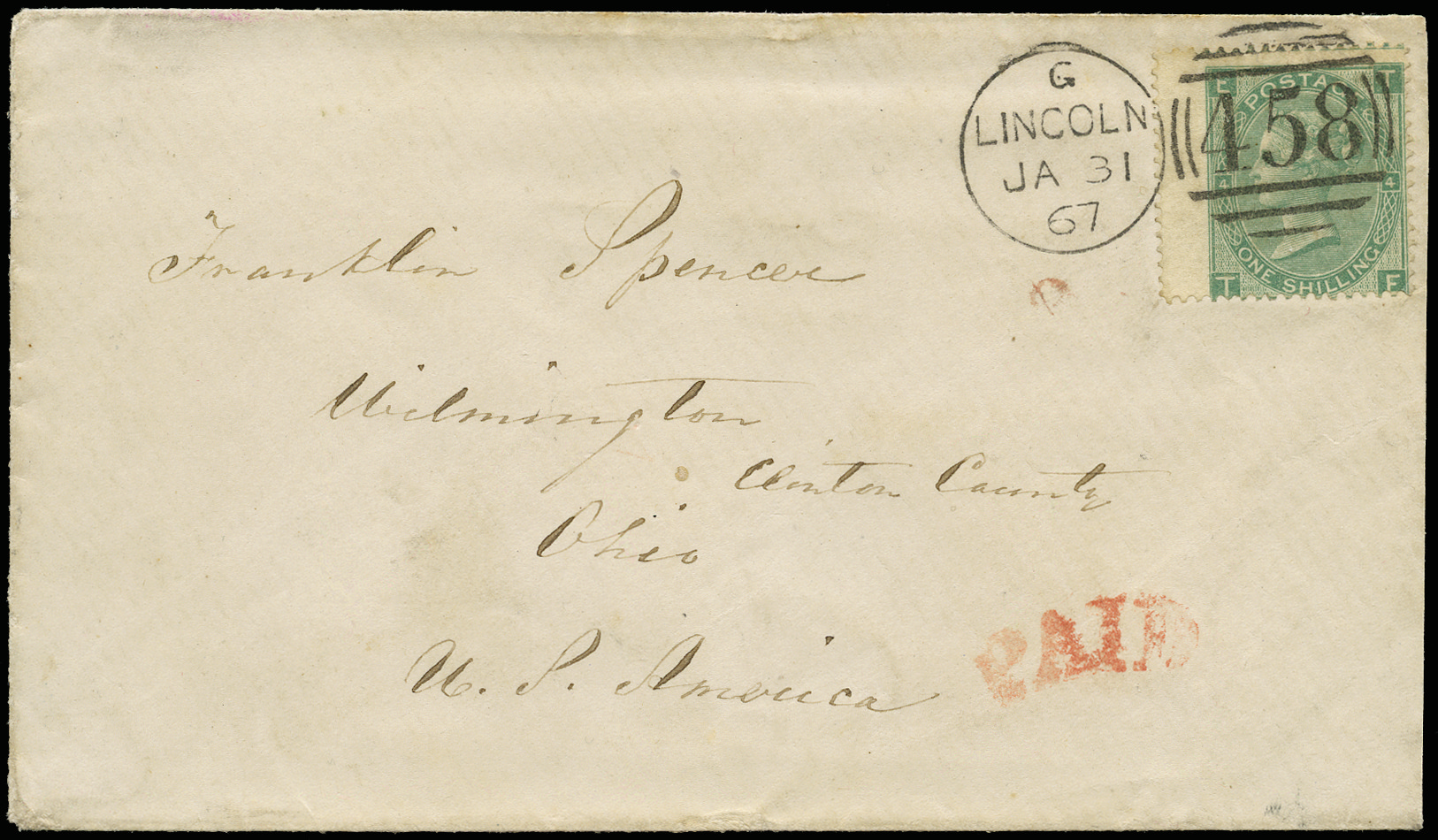 SG101 1867 1s Green Pl.4 (Wmk. Emblems) Cover to US