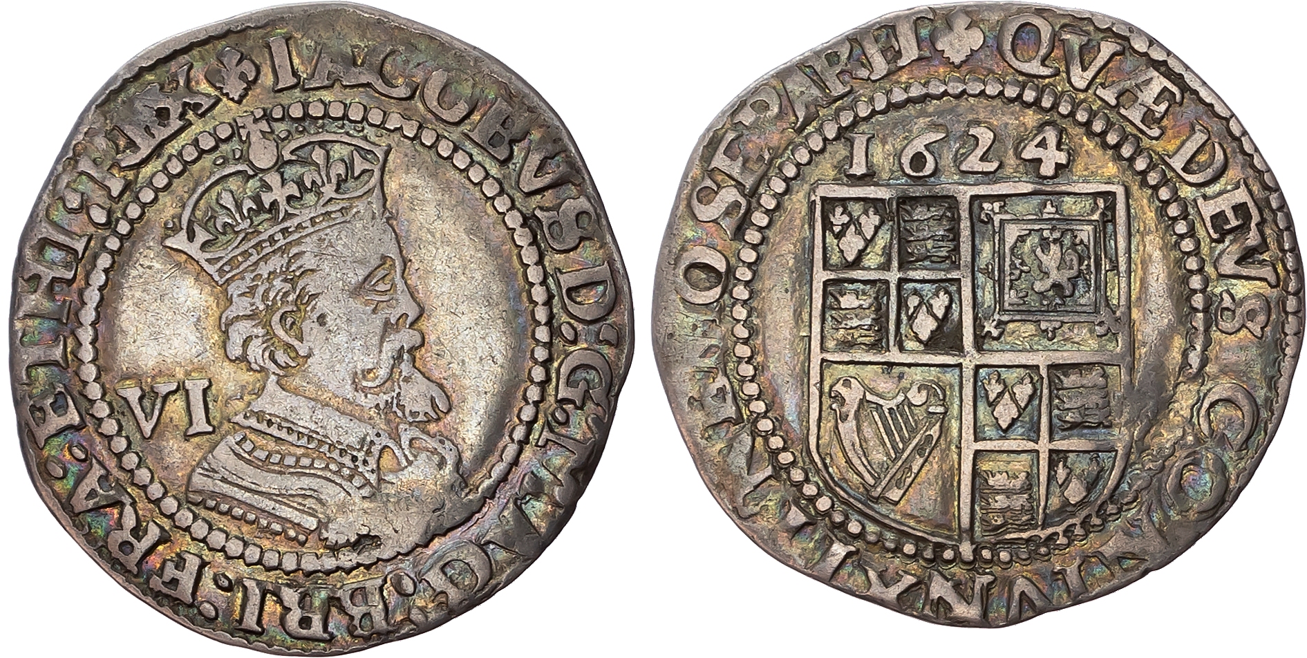 James I (1603–1625), AR Sixpence 1624, 3rd Coinage of 1619-25, mm : Lis, Crowned, draped bust right, rev. Royal arms wit…