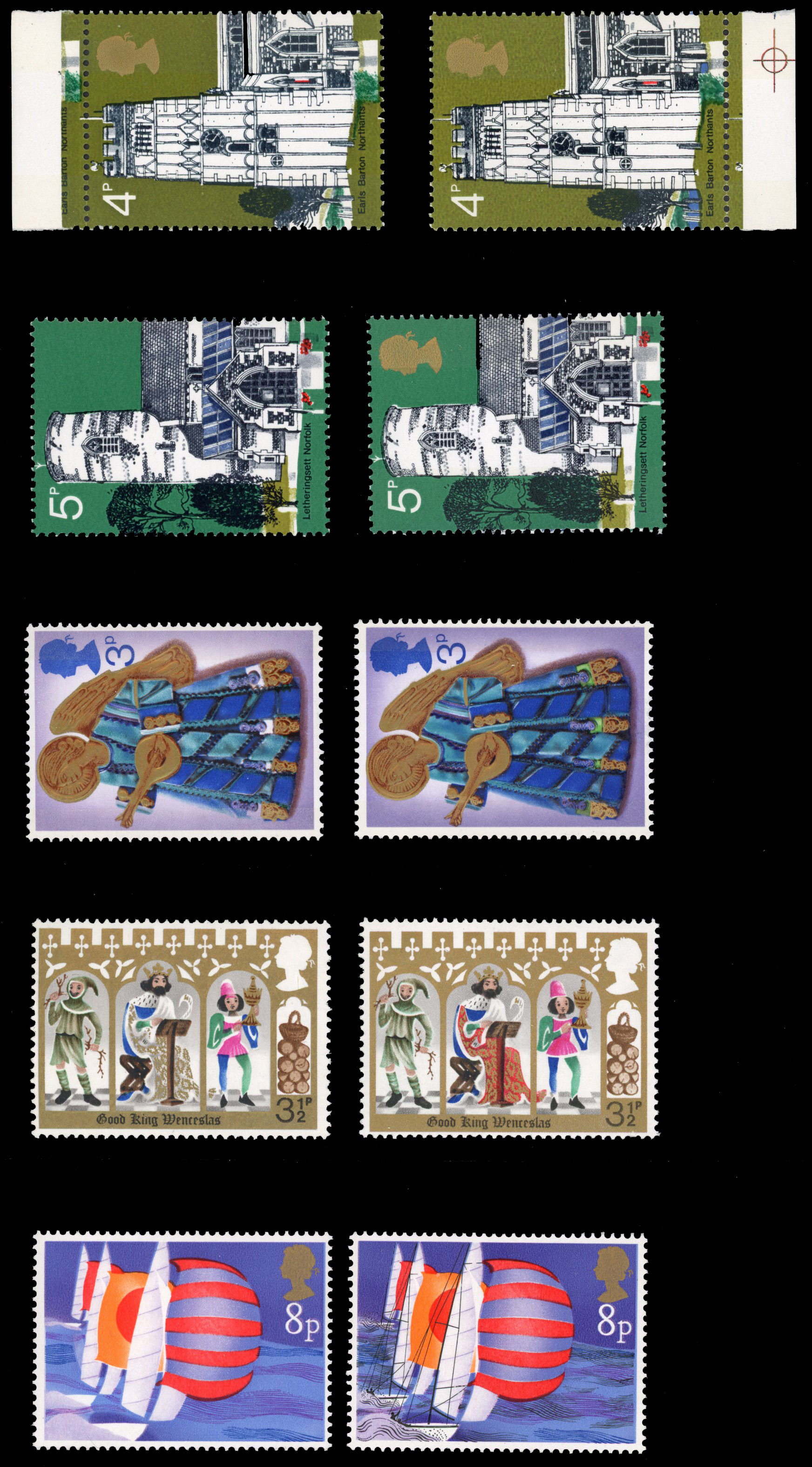 QEII varieties including 1972 4p Churches violet-blue omitted, 5p Churches gold (Queen's head ) omitted