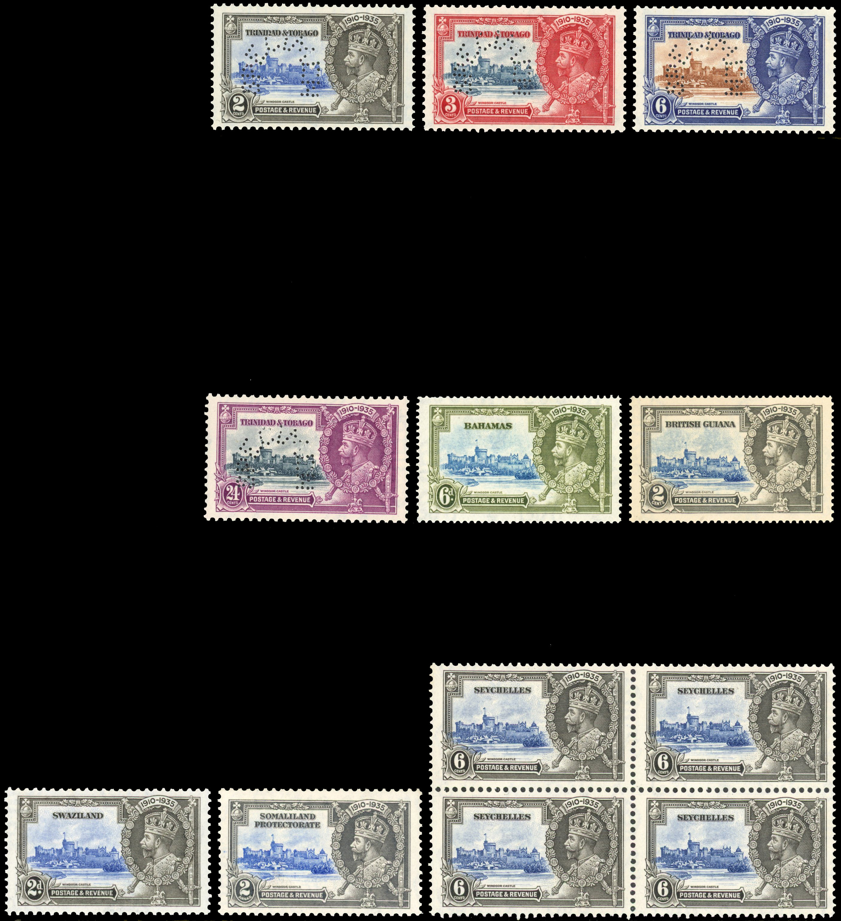 1935 Silver Jubilee mint varieties: including Bahamas 6d dot to left of chapel, Br Guiana 2c dot by flagstaff,