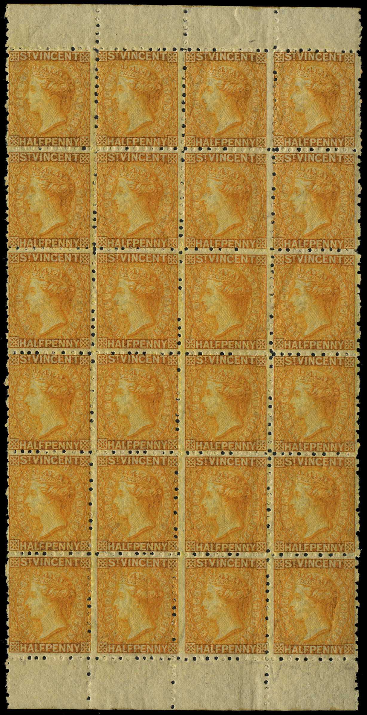 1881 ½d orange upper and lower marginal block...