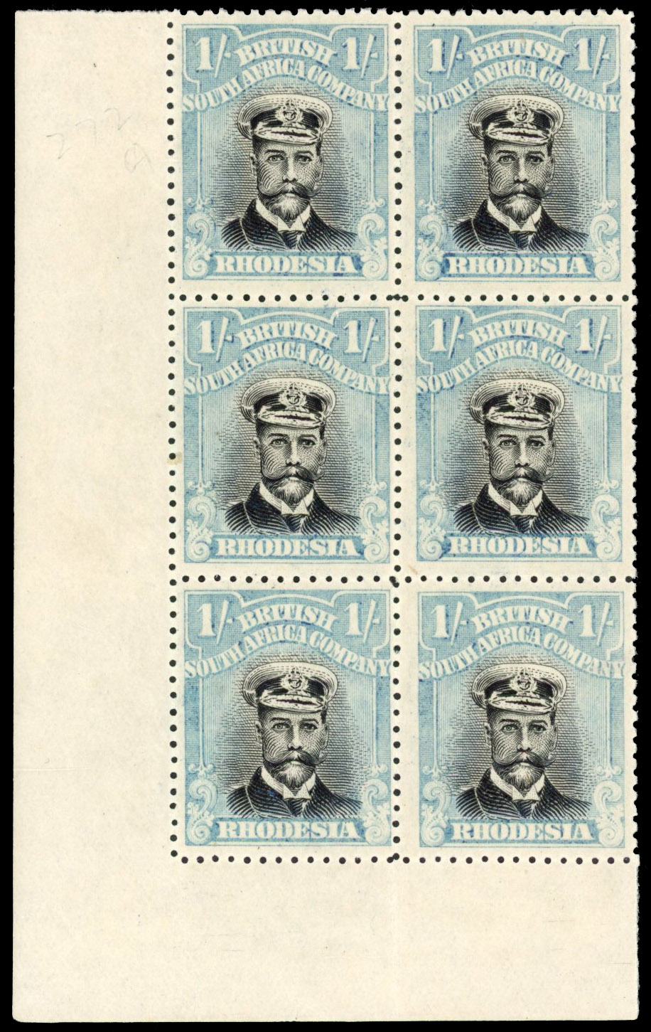 Rhodesia 1/- SG 300 corner block of six mint