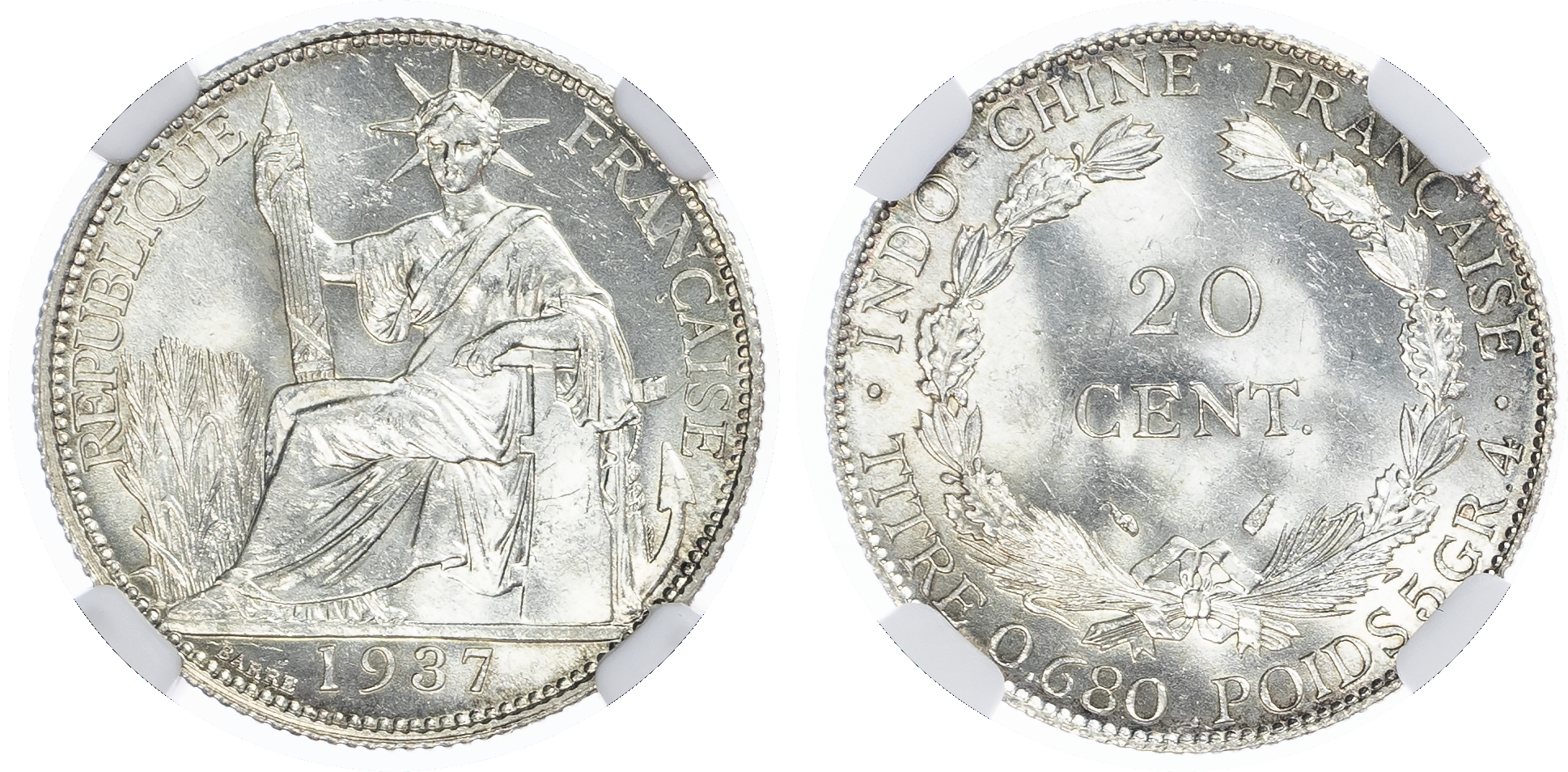 French Indo China. Third Republic AR 20 Cents. 1937. 