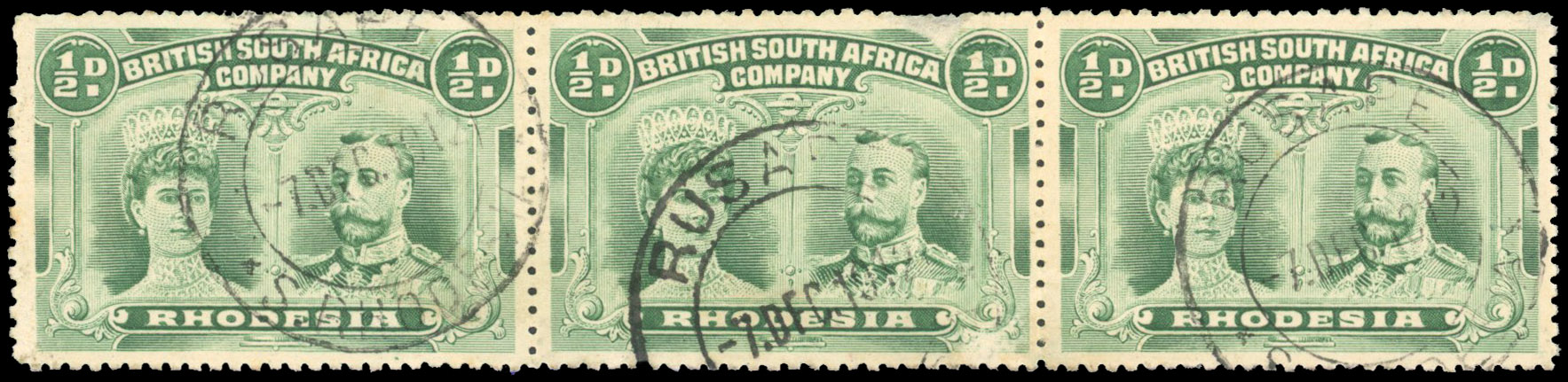 Rhodesia 1910-13 ½d bluish green perf 14 double dot retouch used