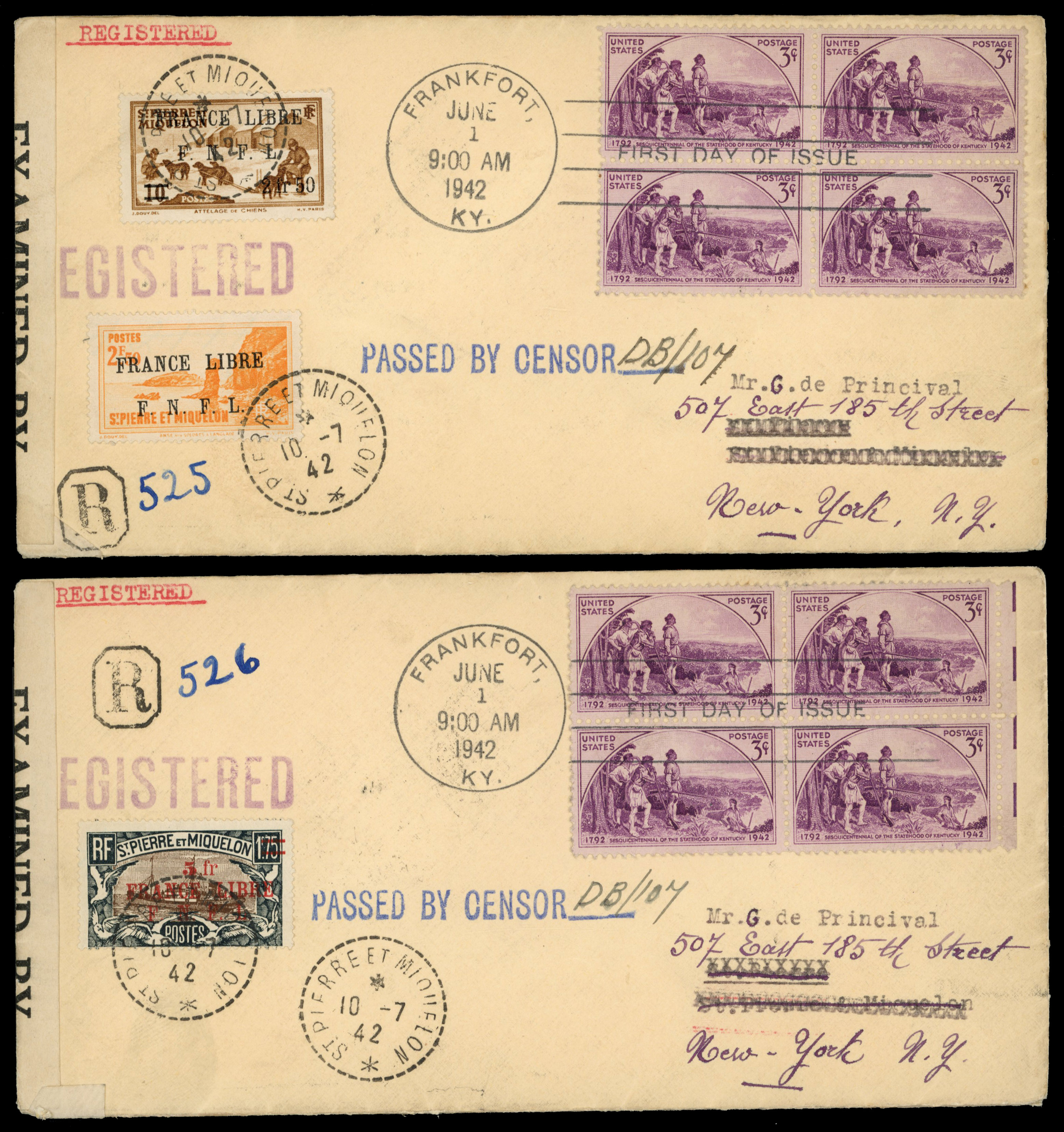 St Pierre Miquelon to USA combination censored covers