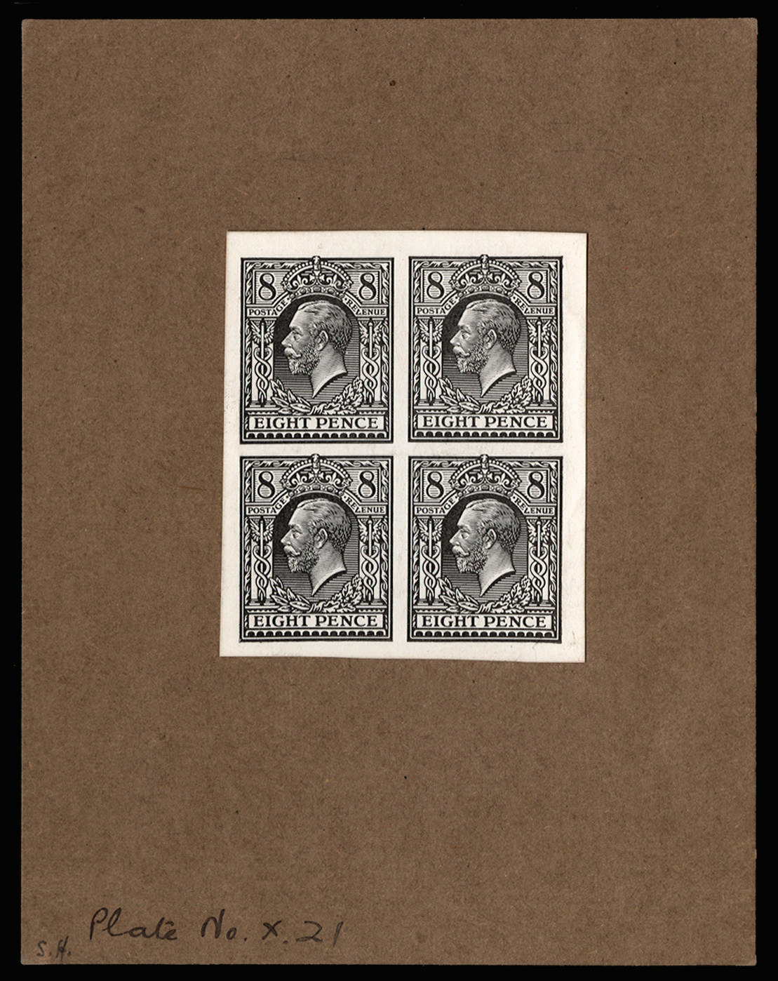 Great Britain 1913 8d Eve's Pillar Design essay. Very fine unused o.g. imperforate block of four printed in black …