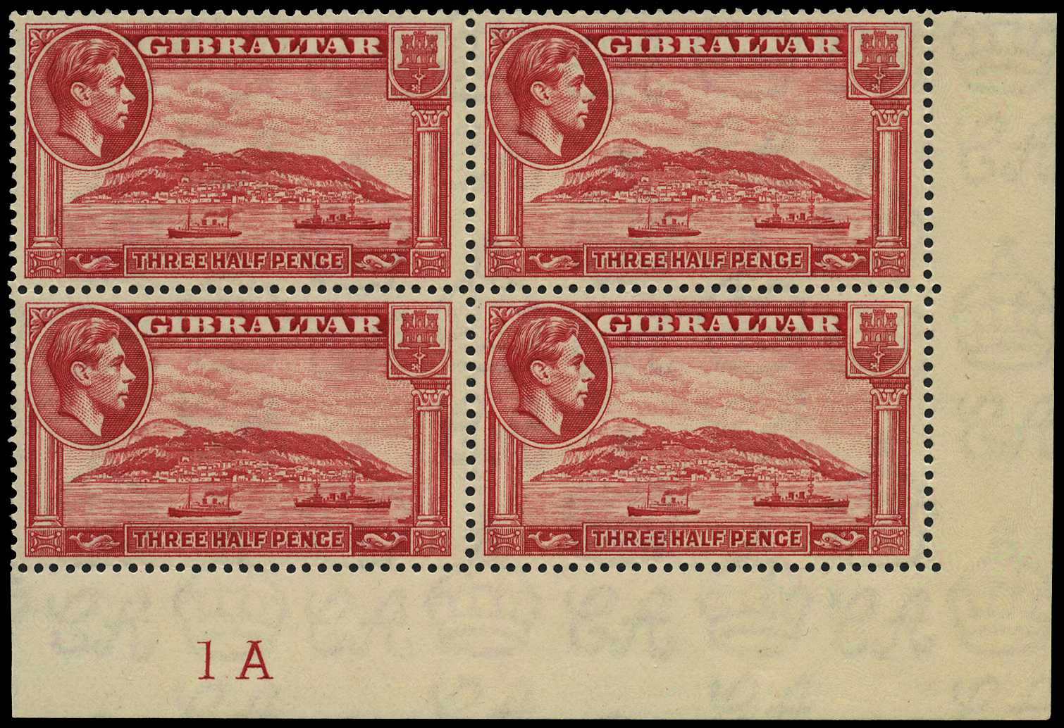 1938 1½d carmine perf 13½, Plate 1A block...