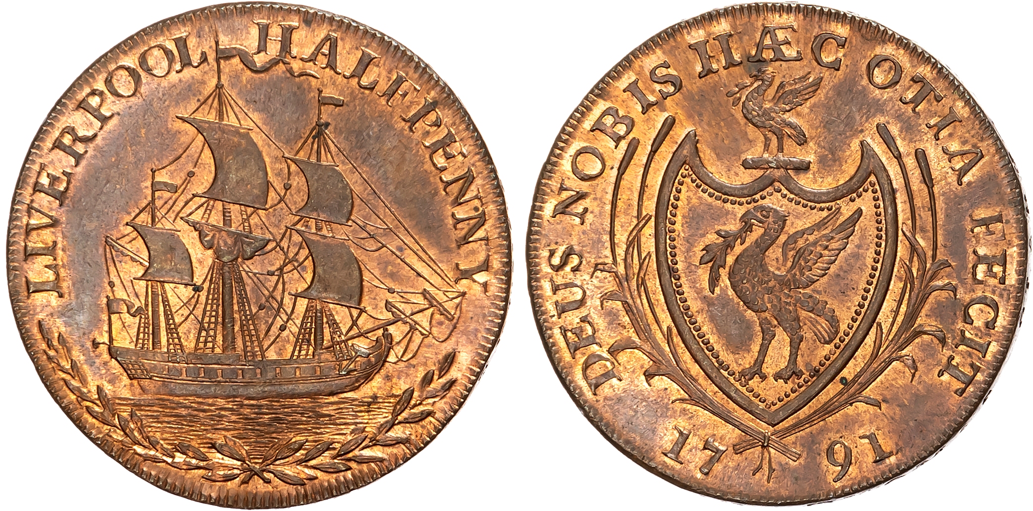 Lancs. Liverpool, Thomas Clarke (grocer) Halfpenny 1791, Ship right in full sale, rev. Crest and arms of Liverpool – Li …