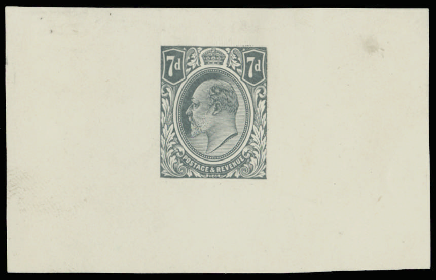 Great Britain 1911 7d Slate grey colour trial in the Edwardian colour. Superb example printed on ungummed unwaterm…