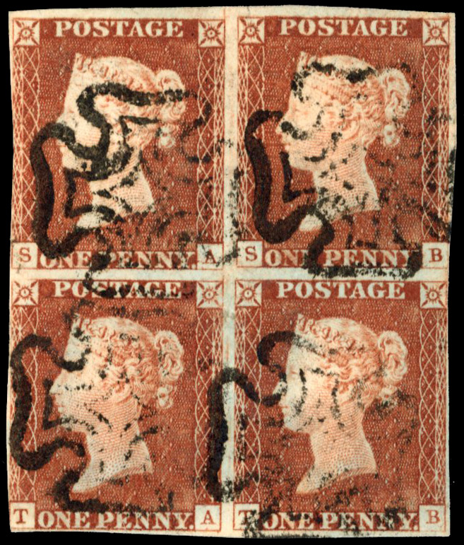 1841 1d red-brown plate 2, block of 4 lettered ‘SA/TB’ neatly cancelled by four black MC's, stamps TA, TB show repairs made
