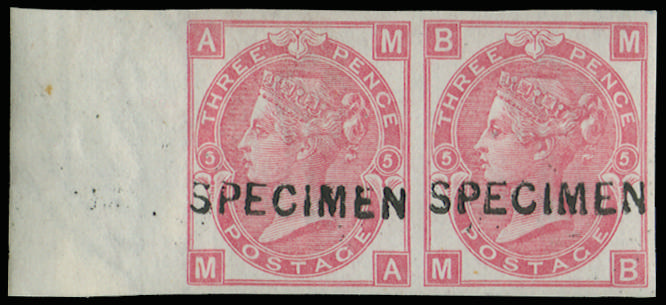 Great Britain 1868 3d Rose Pl.5. Very fine unused o.g. left hand marginal imperforate horizontal pair lettered MA-…