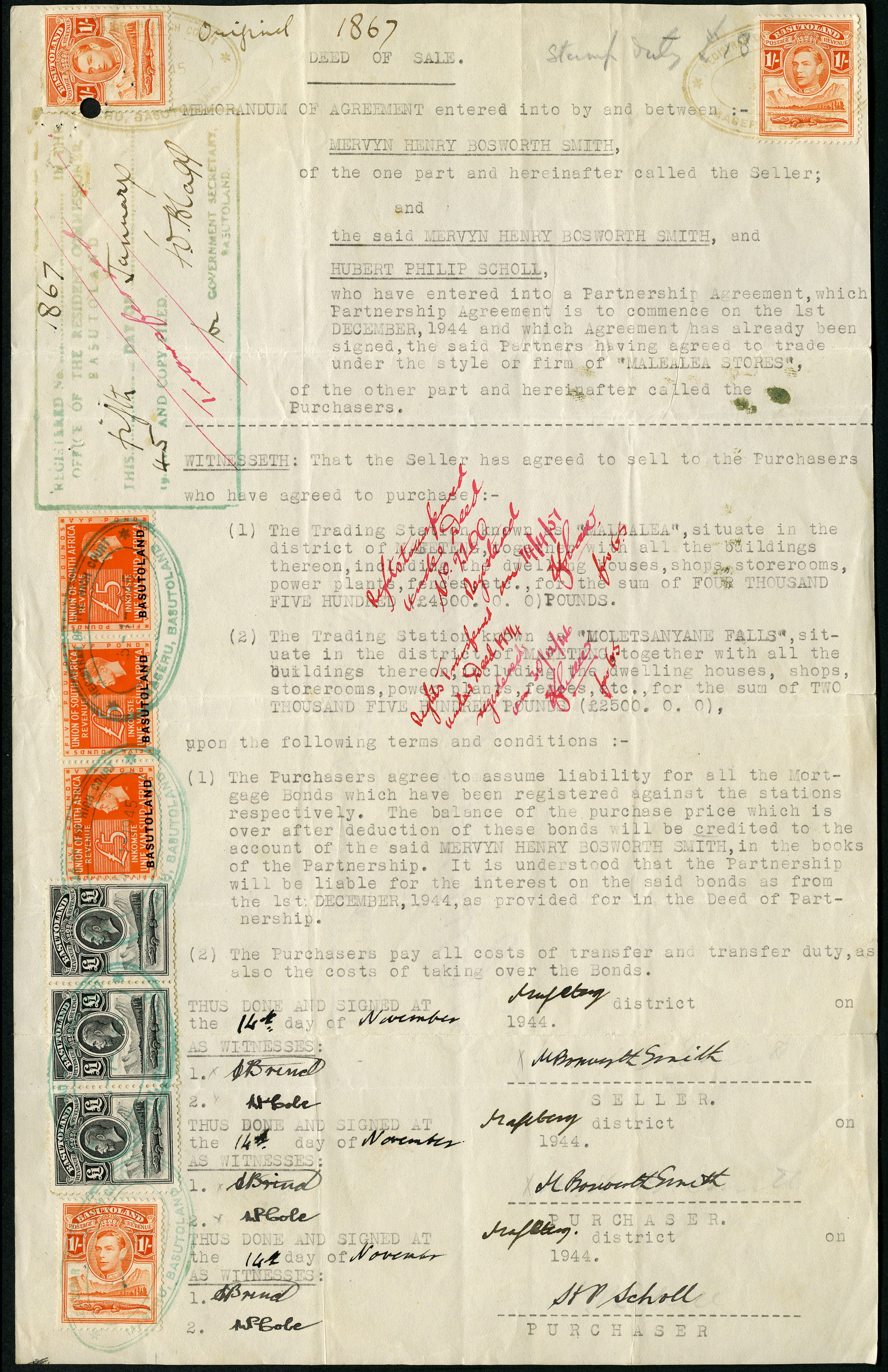 BASUTOLAND 1945 Revenue KGVI £5 orange opt on South Africa