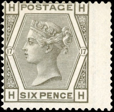 GB: 1880 6d grey, plate 17 (HH), right wing margin, mint