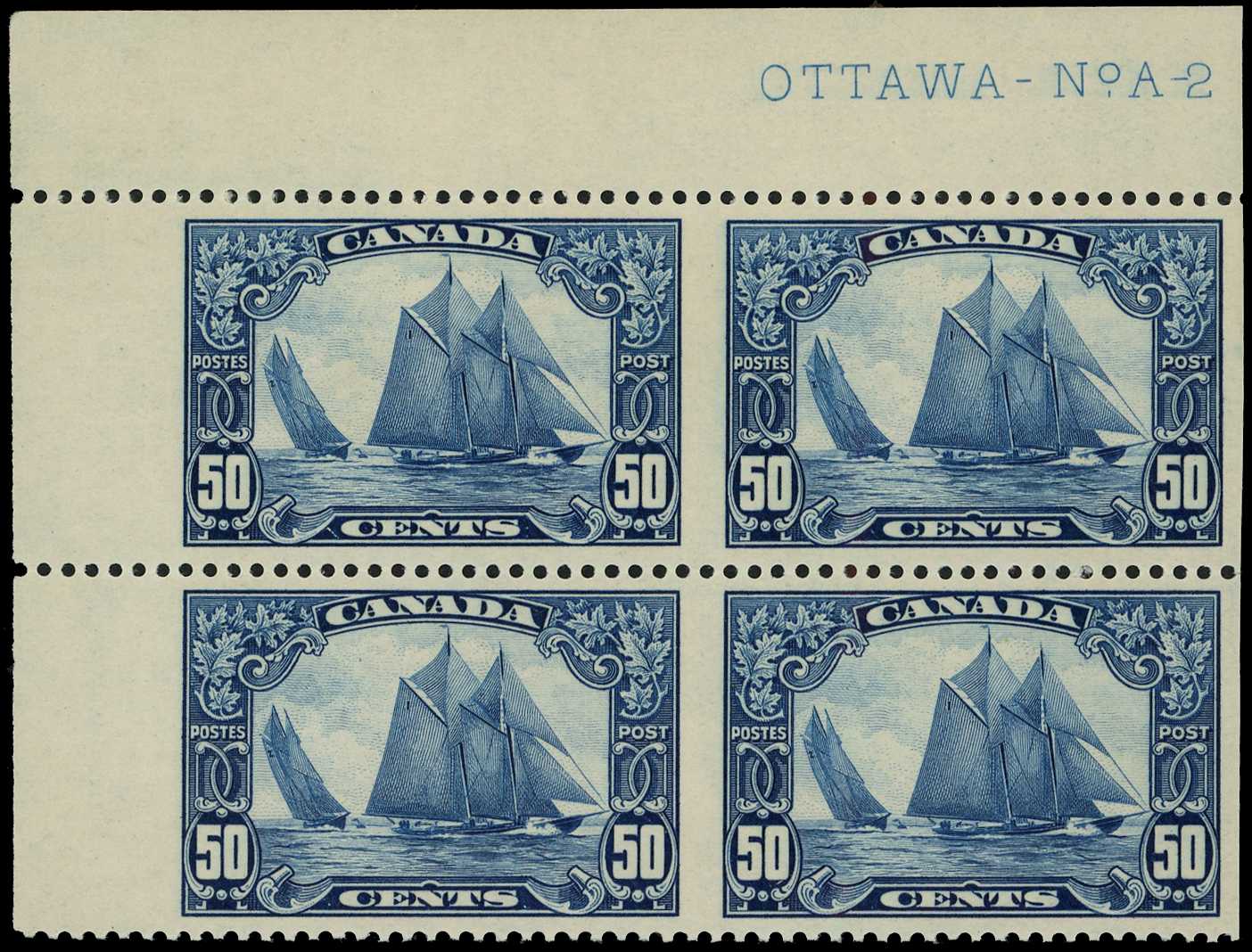 1928-29 50c 'Bluenose', upper left corner...