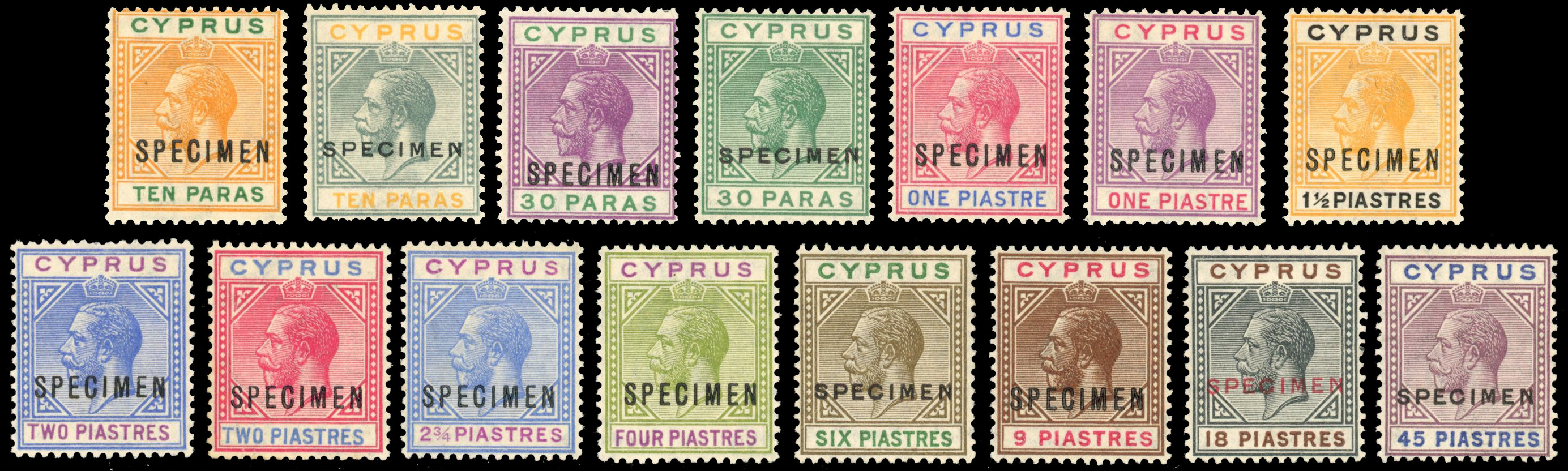 Cyprus 1921-23 KGV Script wmk set to 45pi, optd "SPECIMEN", SG 85s/99s.