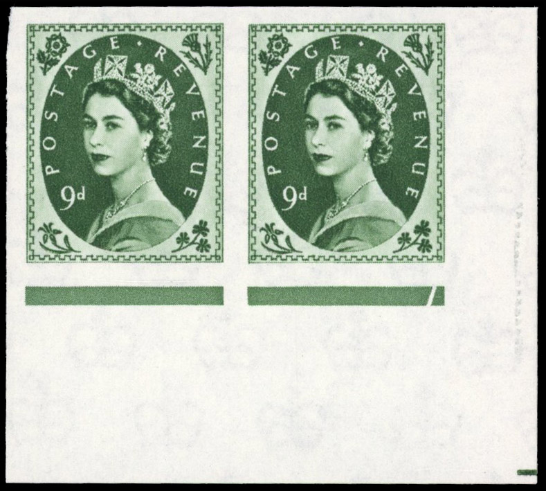 Great Britain 1959 9d Bronze-green, Horizontal Pair, BPMA Imprimatur, SG 582
