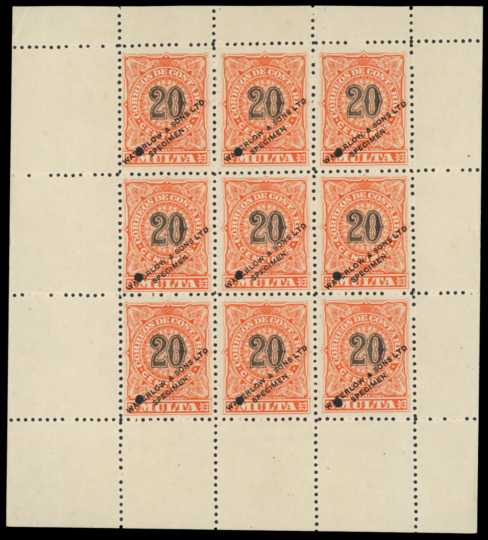 Costa Rica 1903 Postage Due 20c Specimen block