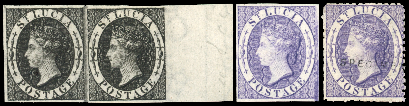 St. Lucia 1864-76 group with imperf plate proofs and specimen SG 11/17var