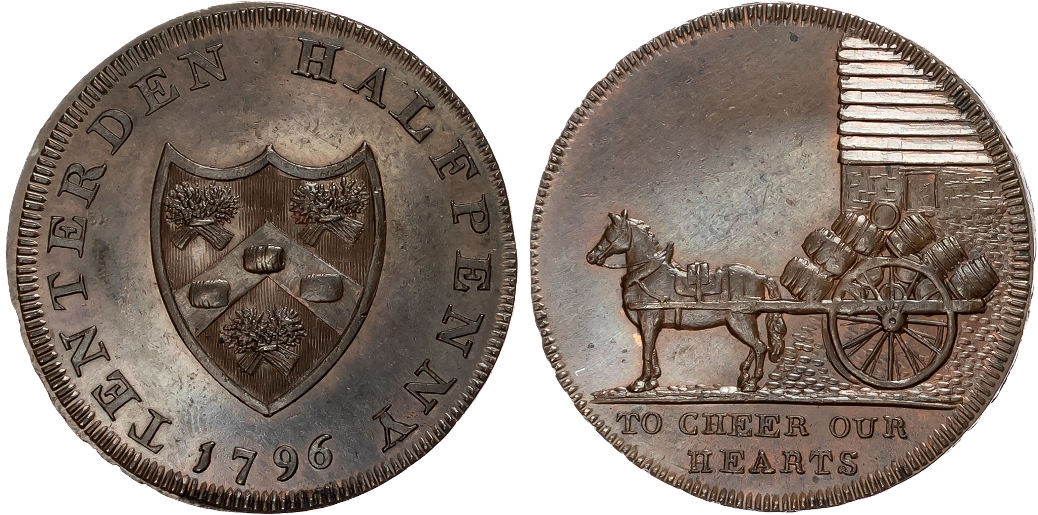 Kent, Tenterden , James & Thomas Cloakes (brewers) Halfpenny 1796, Horse and dray outside brewery, rev. Brewers’ Arms, e …