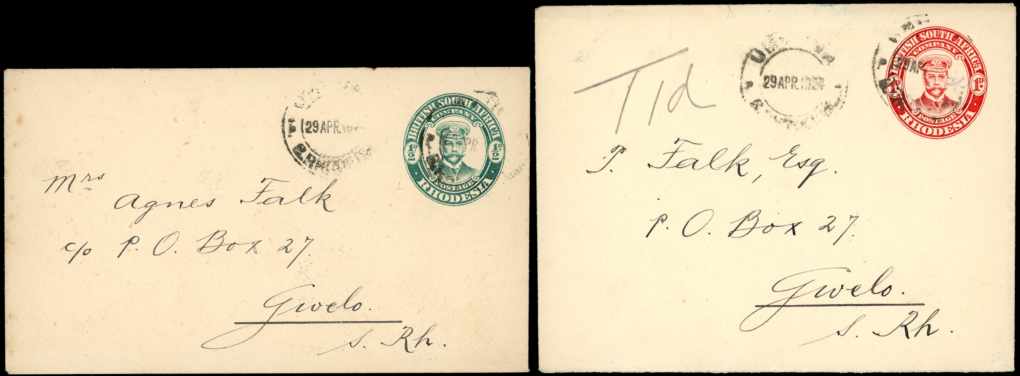 1924 ½d green and 1d red "Admiral" envelopes used on last day of issue