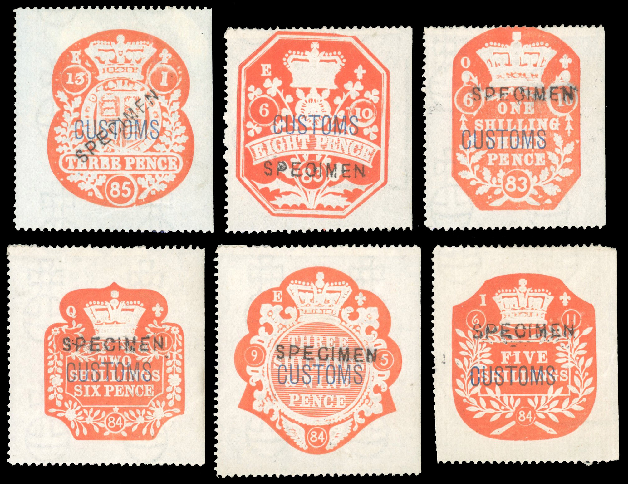 GB Customs 1882 3d to 5s set watermark Orbs Specimens