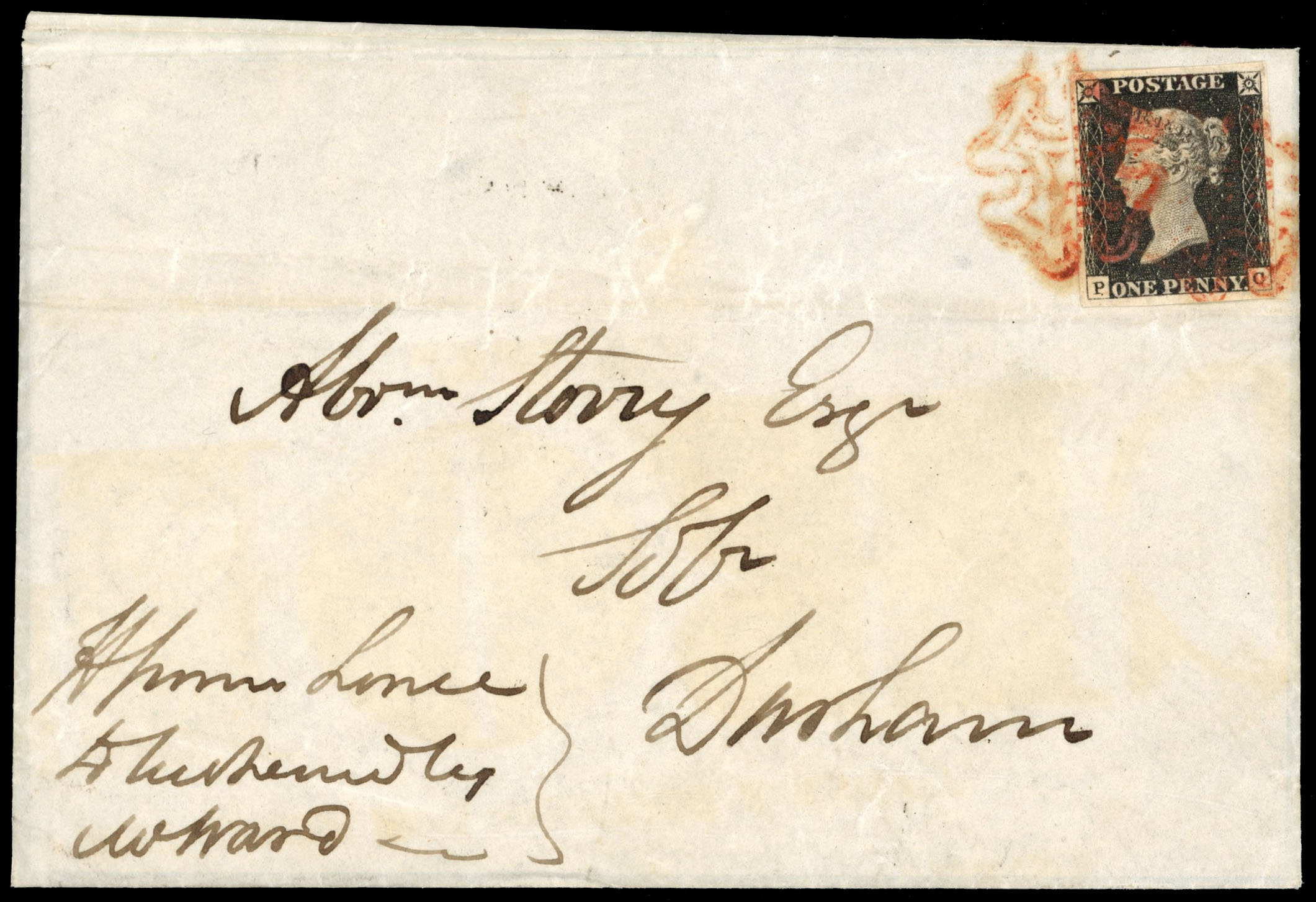 GB 1840 1d black, Plate 2 (PC), tied on cover to Durham