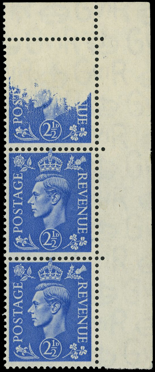 GB: 1941 2½d light ultramarine u/r corner marginal, vertical strip of 3, the top stamp large dry print,