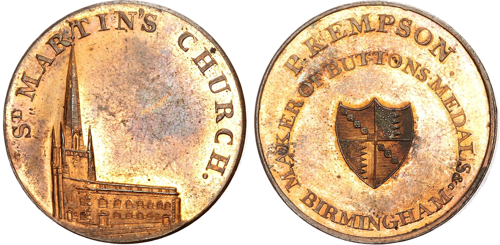 Warks. Birmingham , P Kempson’s Series of Birmingham Buildings, Halfpenny late 1790s, St. Martin’s Church, rev. Arms of  …