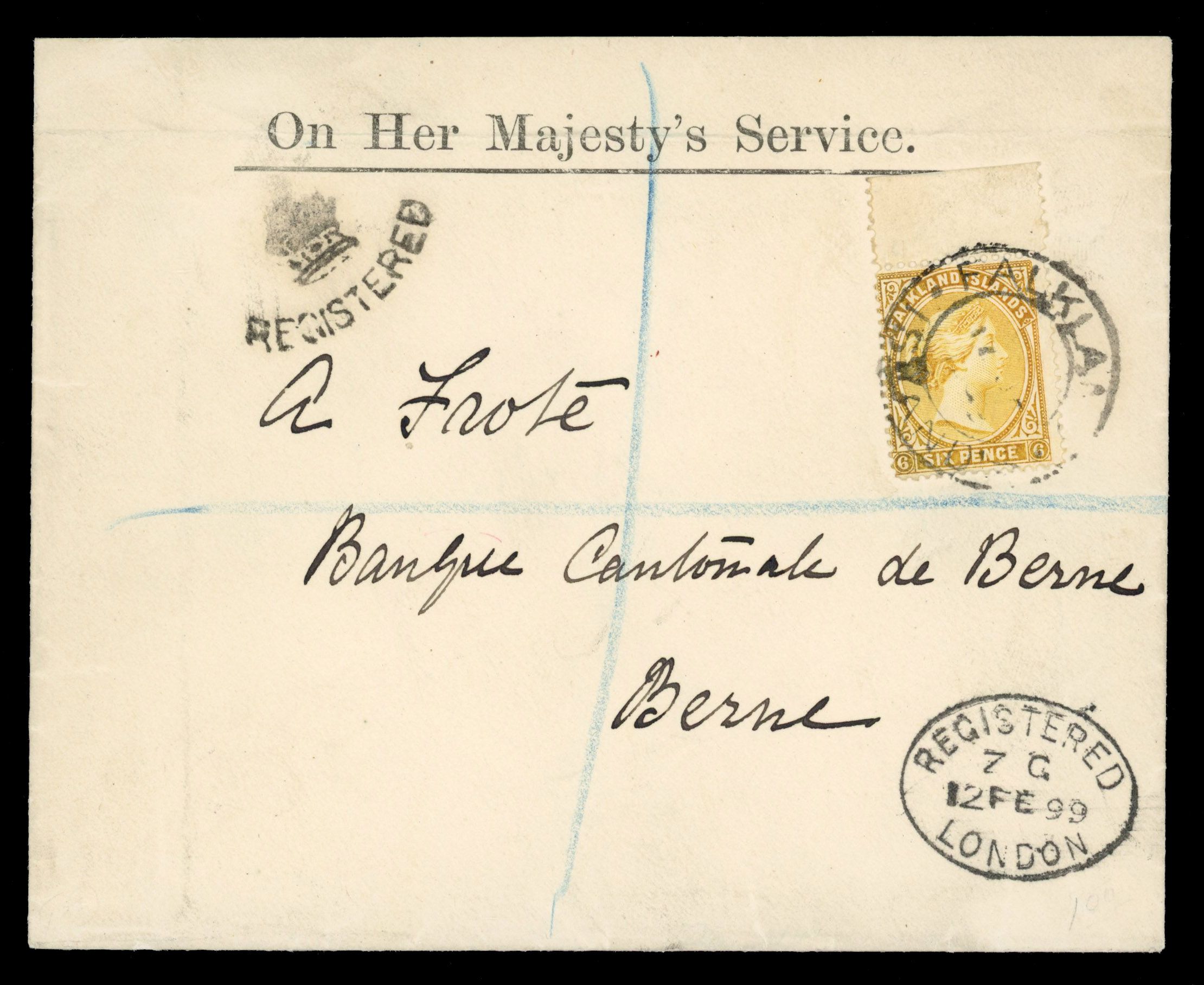 SG 34 1896 6d yellow on 1899 registered envelope to Berne