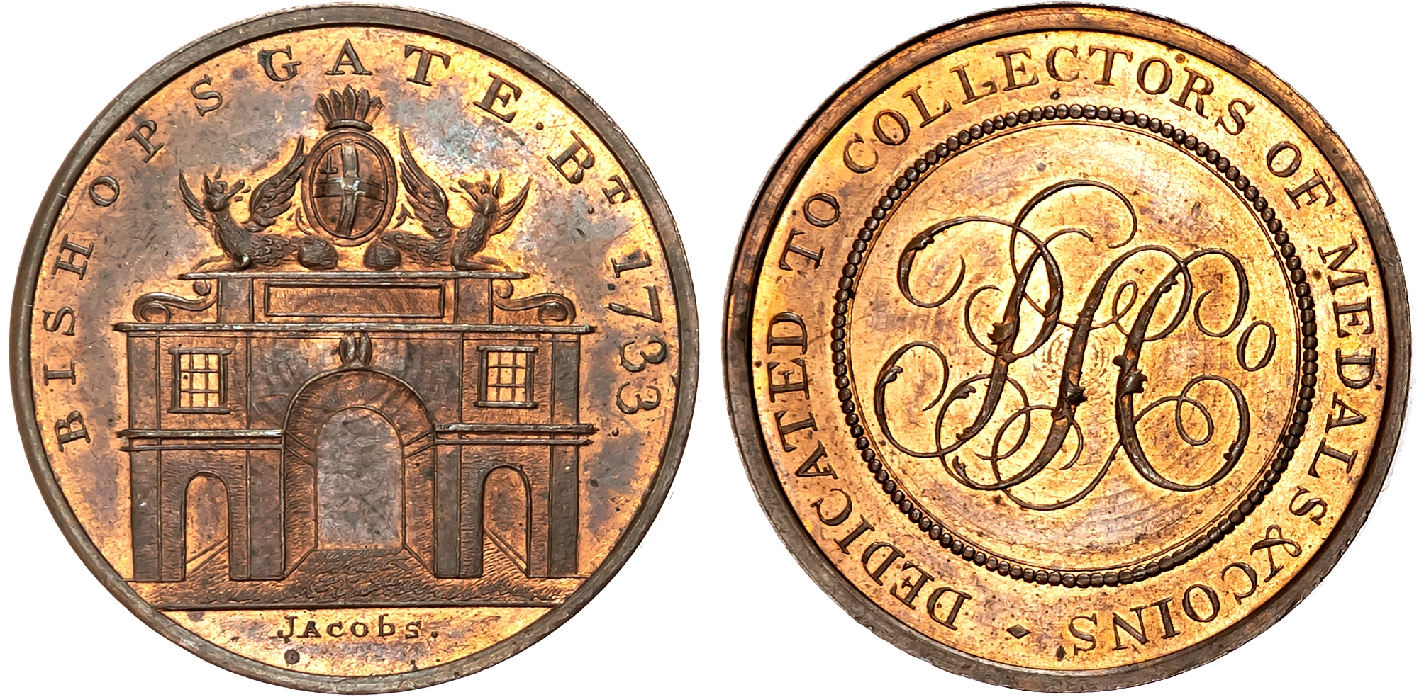 London , Holborn , Paul Skidmore’s ‘London Churches and Gates Series’ Halfpenny (c1797), Bishopsgate. rev. PSCo cypher, …