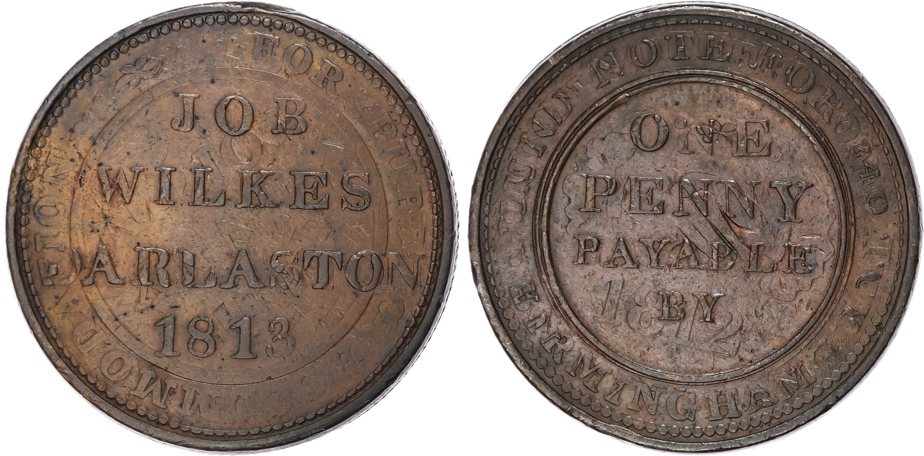 DARLASTON, Staffs , Job Wilkes (gun lock maker) Penny 1813, 4-line legend, rev. edge centrally grained, 36.75m…